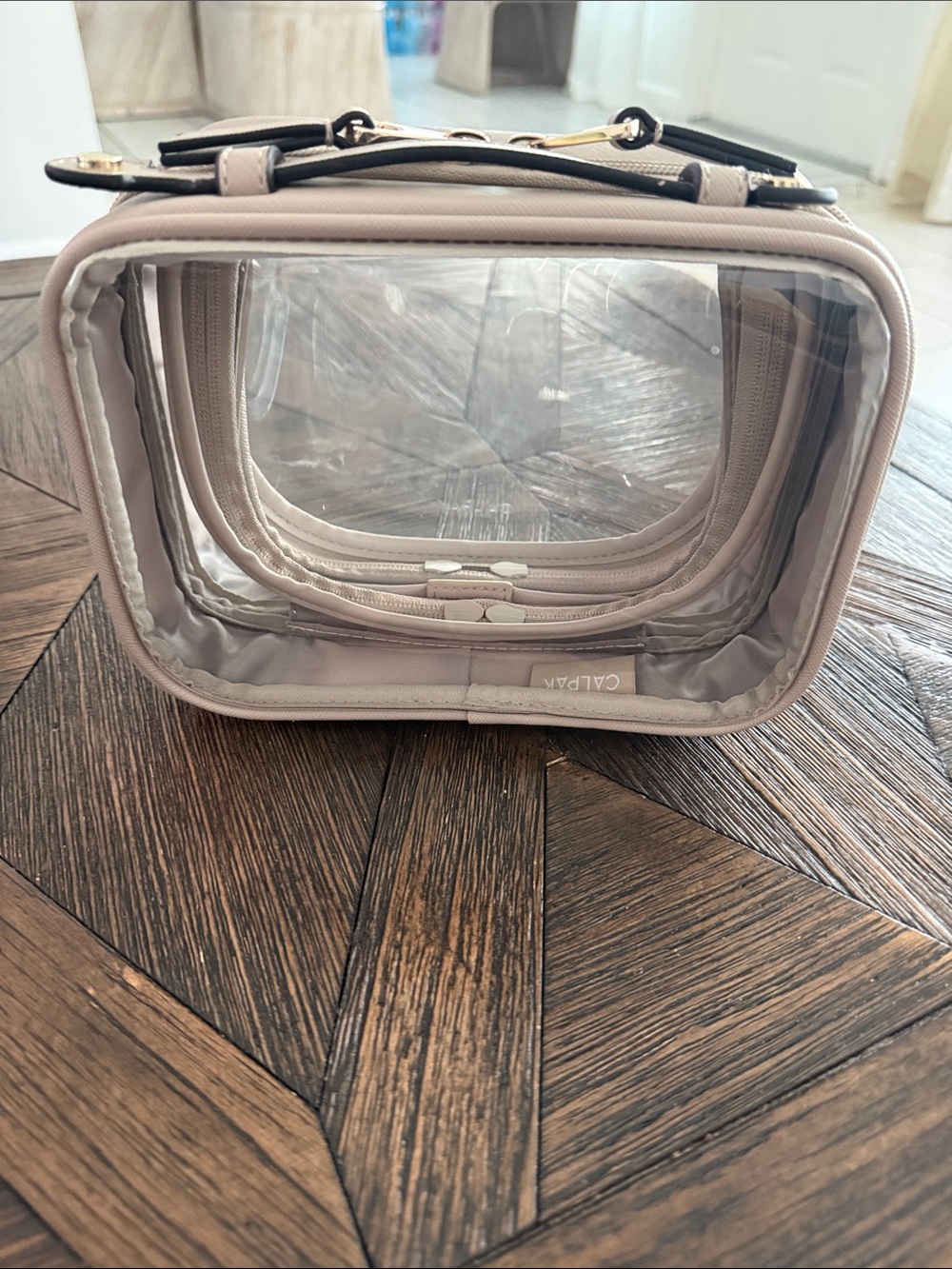 CALPAK Clear Cosmetics Case Travel Makeup Bag Beige Trim